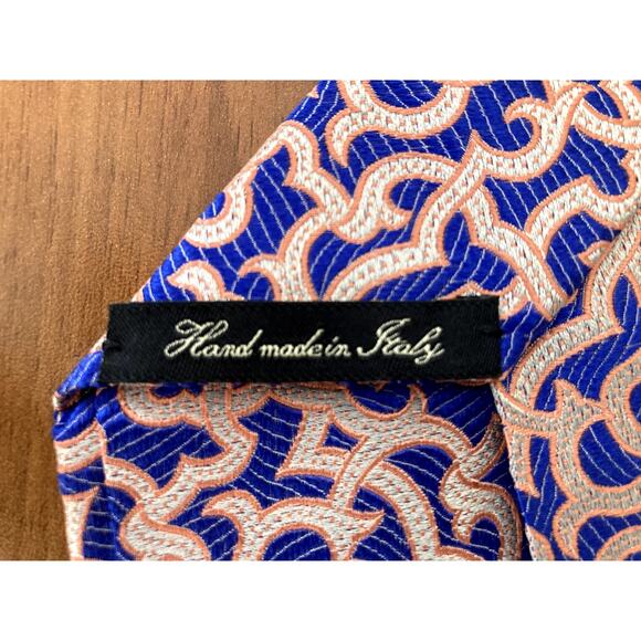 Genesis Luxe necktie Silk Handmade in Italy Ornate Patterns Orange Blue 3.5/58 - Picture 6 of 12